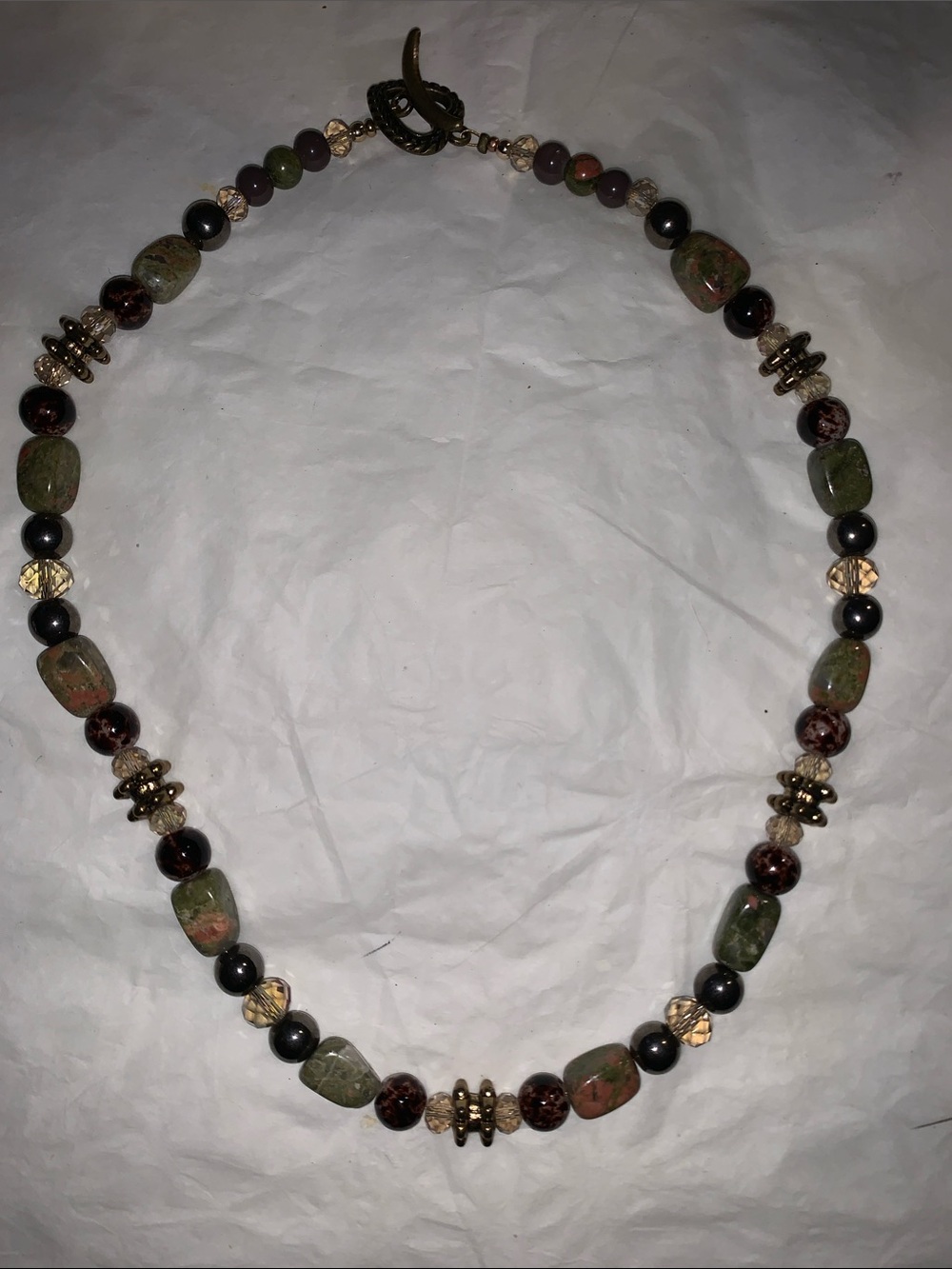 Earth-Tone Beaded Necklace with Green and Brown Stones